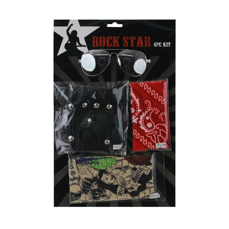 4pc Rocker Dress Up Kit – Bandana, Glasses, Tatto Sleeves, Gloves - alternate view